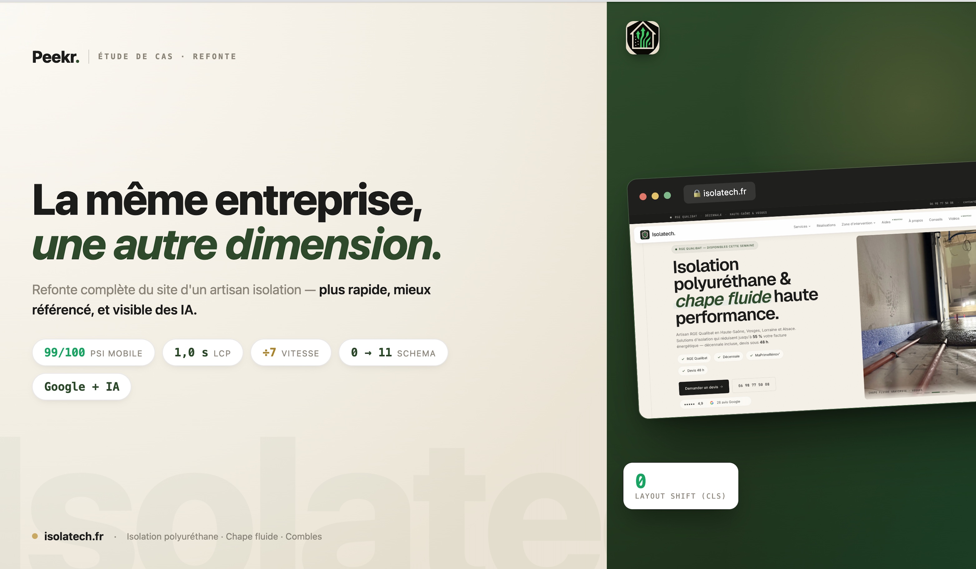 Récapitulatif Isolatech — PageSpeed, données structurées, pages indexables, visibilité IA, technologie